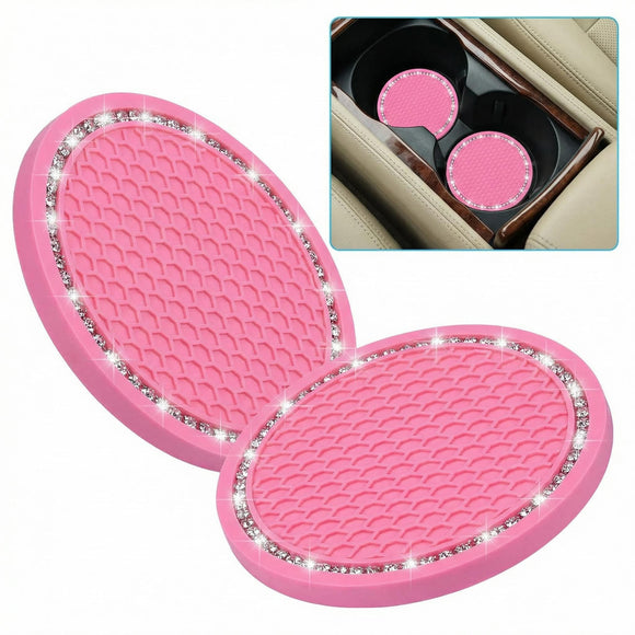 Bling Car Coasters 2 Pack PVC Car Cup Holder Insert Coaster - Anti Slip Universal Vehicle Interior Accessories Crystal Glitter Cup Mats for Women and Men (2.75 Diameter Pink)
