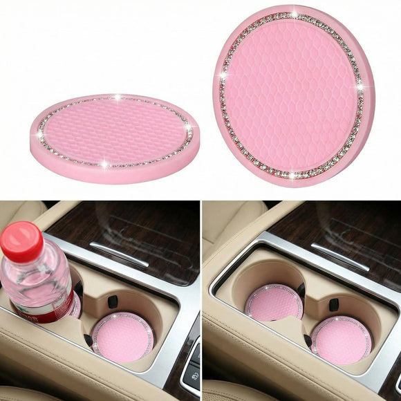 2 Pack Bling Car Coasters 2.75 Inch Soft Rubber Cup Holder Pad Set Round Auto Cup Holder Insert Drink Coaster Car Interior Accessories