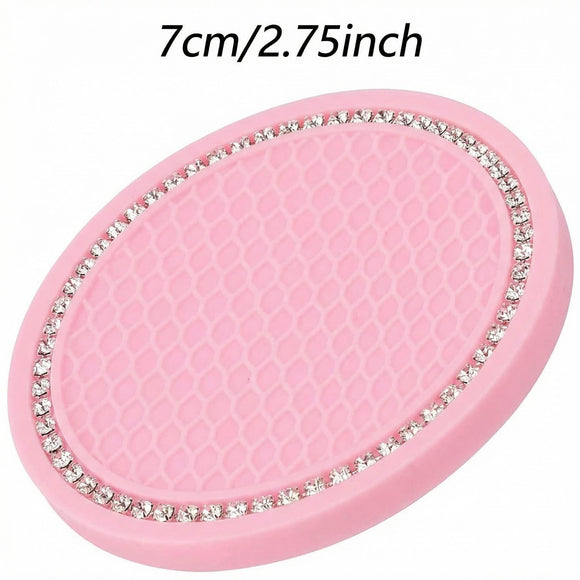 4 Pack Bling Car Coasters 2.75 Inch Bling Crystal Rhinestone Soft Rubber Universal Anti-Slip Glitter Cup Mats Auto Drink Coaster Car Interior Decoration Accessories for Women or Girl (Pink)