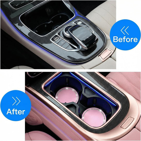 4 Pack Bling Car Coasters 2.75 Inch Bling Crystal Rhinestone Soft Rubber Universal Anti-Slip Glitter Cup Mats Auto Drink Coaster Car Interior Decoration Accessories for Women or Girl (Pink)