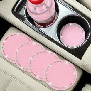 4 Pack Bling Car Coasters 2.75 Inch Bling Crystal Rhinestone Soft Rubber Universal Anti-Slip Glitter Cup Mats Auto Drink Coaster Car Interior Decoration Accessories for Women or Girl (Pink)