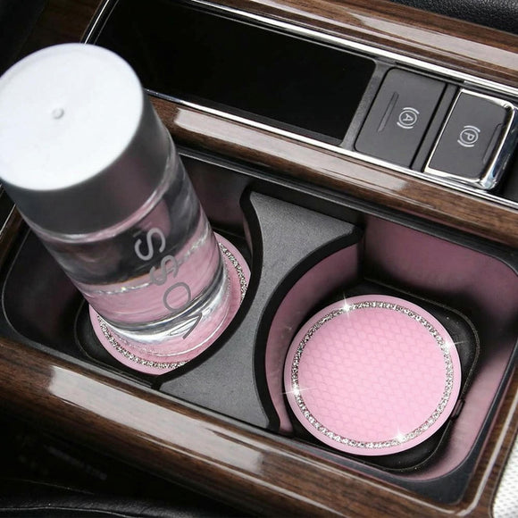 4 Pack Bling Car Coasters 2.75 Inch Bling Crystal Rhinestone Soft Rubber Universal Anti-Slip Glitter Cup Mats Auto Drink Coaster Car Interior Decoration Accessories for Women or Girl (Pink)