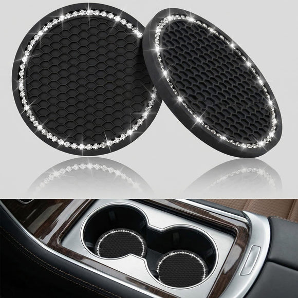 yousheng 2PCS Bling Car Cup Coaster Universal Vehicle Bling Holder Insert 2.75 inch Rhinestone Anti Slip Silicone Insert Suitable for Most Car Interior Best Gift Car Bling for Women Black 2 Pack
