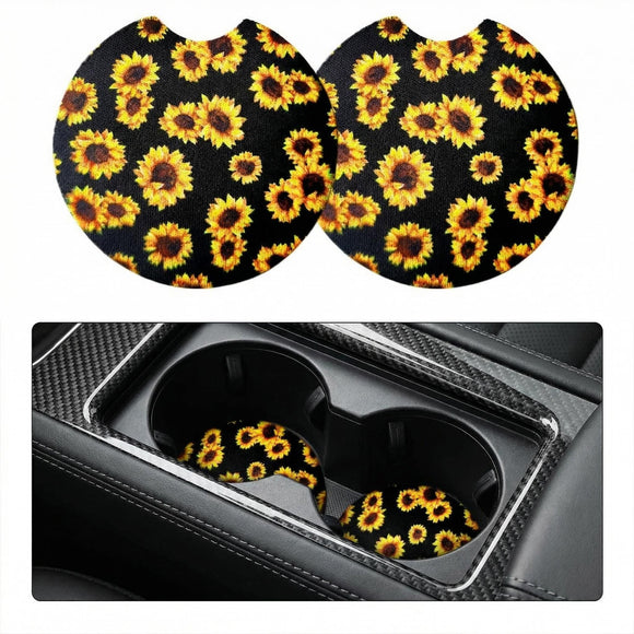 2 Pack Car Coasters for Drinks Absorbent - 2.75 Inch Cute Car Cup Holder Coasters for Women Removable Cup Holder Coaster for Your Car Car Interior Accessories for Women & Girls (Sunflower)
