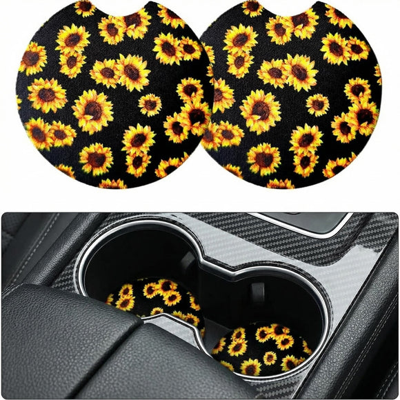 2 Pack Car Coasters for Drinks Absorbent - 2.75 Inch Cute Car Cup Holder Coasters for Women Removable Cup Holder Coaster for Your Car Car Interior Accessories for Women & Girls (Sunflower)