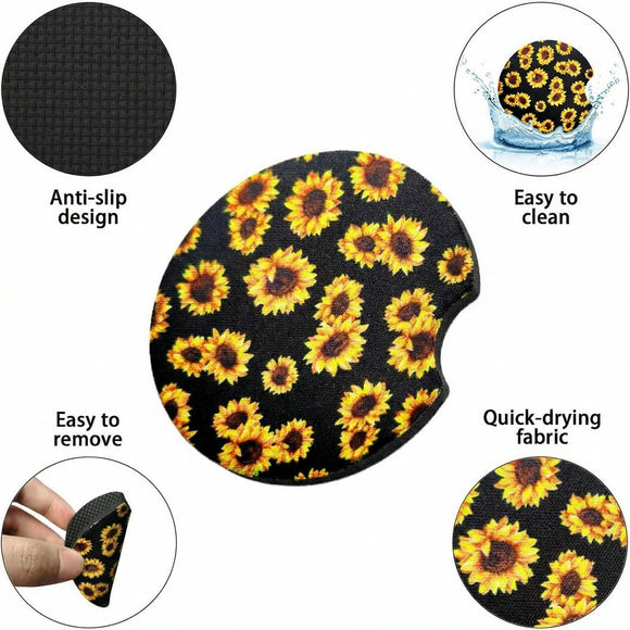 2 Pack Car Coasters for Drinks Absorbent - 2.75 Inch Cute Car Cup Holder Coasters for Women Removable Cup Holder Coaster for Your Car Car Interior Accessories for Women & Girls (Sunflower)