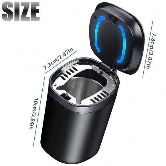 Car Ashtray with Lid Smell Proof Smokeless Ashtray Mini Car Trash Can Detachable Stainless Steel Ash Tray with Lid and LED Blue Light