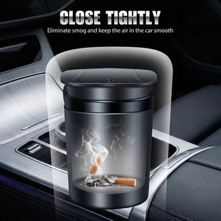 Car Ashtray with Lid Smell Proof Smokeless Ashtray Mini Car Trash Can Detachable Stainless Steel Ash Tray with Lid and LED Blue Light