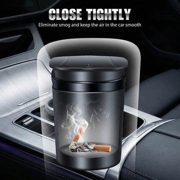 Car Ashtray with Lid Smell Proof Smokeless Ashtray Mini Car Trash Can Detachable Stainless Steel Ash Tray with Lid and LED Blue Light - 0
