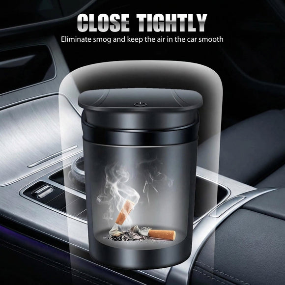 Car Ashtray with Lid Smell Proof Smokeless Ashtray Mini Car Trash Can Detachable Stainless Steel Ash Tray with Lid and LED Blue Light