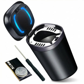 Car Ashtray with Lid Smell Proof Smokeless Ashtray Mini Car Trash Can Detachable Stainless Steel Ash Tray with Lid and LED Blue Light