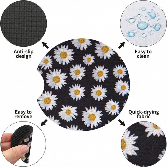 Car Cup Drink Holder Coaster 2 Pack Car Coasters for Cup Holders Cute Vehicle Accessories for Women and Girl (Daisy)