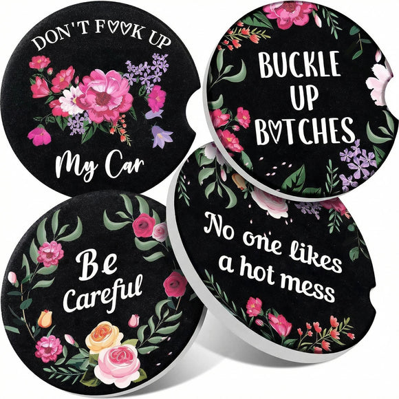 4 Pcs Car Cup Holder Coasters 2.56 Inch Floral Style Coasters Absorbent Ceramic with Finger Notch for Keeping Cup Holders Dry Clean Cute Car Accessories Interior for Women(Black Background)