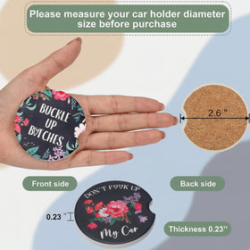 4 Pcs Car Cup Holder Coasters 2.56 Inch Floral Style Coasters Absorbent Ceramic with Finger Notch for Keeping Cup Holders Dry Clean Cute Car Accessories Interior for Women(Black Background) - 0