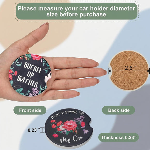 4 Pcs Car Cup Holder Coasters 2.56 Inch Floral Style Coasters Absorbent Ceramic with Finger Notch for Keeping Cup Holders Dry Clean Cute Car Accessories Interior for Women(Black Background)