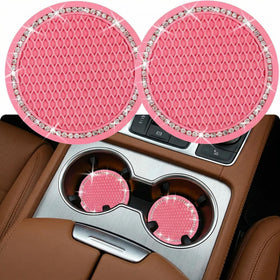 2PCS Bling Car Cup Coaster 2.75 Inch Auto Cup Holder Insert Coasters Silicone Anti-Slip Crystal Rhinestone Drink Mat Universal Vehicle Interior Accessories for Women Girls (Pink)