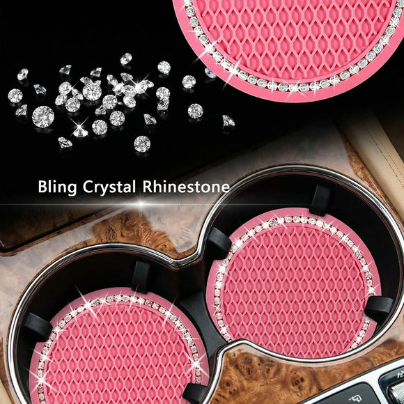2PCS Bling Car Cup Coaster 2.75 Inch Auto Cup Holder Insert Coasters Silicone Anti-Slip Crystal Rhinestone Drink Mat Universal Vehicle Interior Accessories for Women Girls (Pink)
