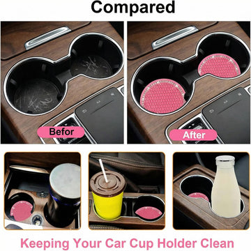 2PCS Bling Car Cup Coaster 2.75 Inch Auto Cup Holder Insert Coasters Silicone Anti-Slip Crystal Rhinestone Drink Mat Universal Vehicle Interior Accessories for Women Girls (Pink) - 0