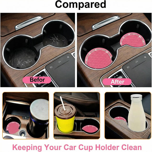 2PCS Bling Car Cup Coaster 2.75 Inch Auto Cup Holder Insert Coasters Silicone Anti-Slip Crystal Rhinestone Drink Mat Universal Vehicle Interior Accessories for Women Girls (Pink)