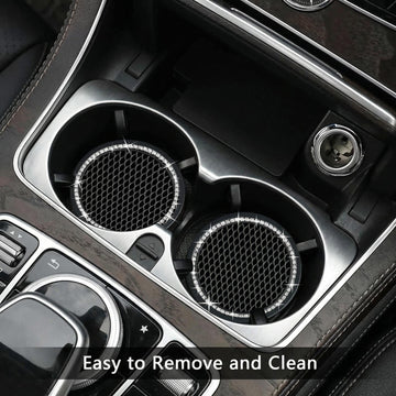 2PCS Bling Car Cup Coaster 2.75 Inch Auto Cup Holder Insert Coasters Silicone Anti-Slip Crystal Rhinestone Drink Mat Universal Vehicle Interior Accessories for Women Girls (Black)