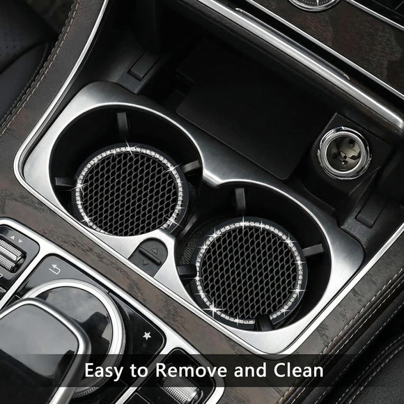2PCS Bling Car Cup Coaster 2.75 Inch Auto Cup Holder Insert Coasters Silicone Anti-Slip Crystal Rhinestone Drink Mat Universal Vehicle Interior Accessories for Women Girls (Black)