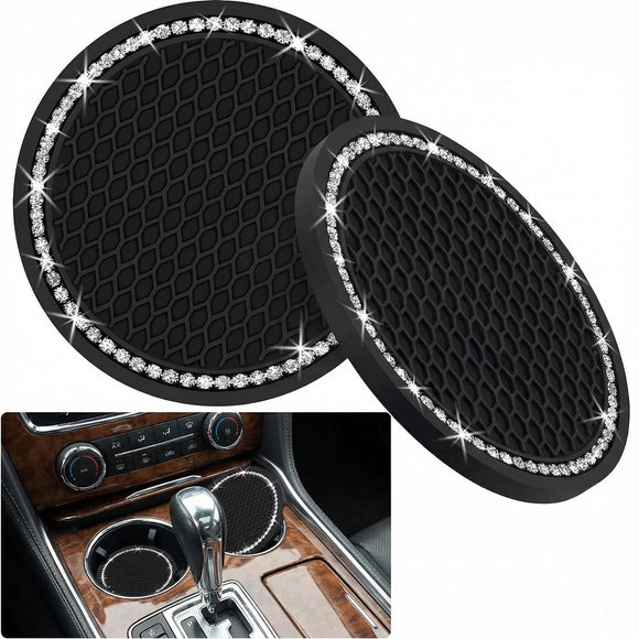 2PCS Bling Car Cup Coaster 2.75 Inch Auto Cup Holder Insert Coasters Silicone Anti-Slip Crystal Rhinestone Drink Mat Universal Vehicle Interior Accessories for Women Girls (Black)