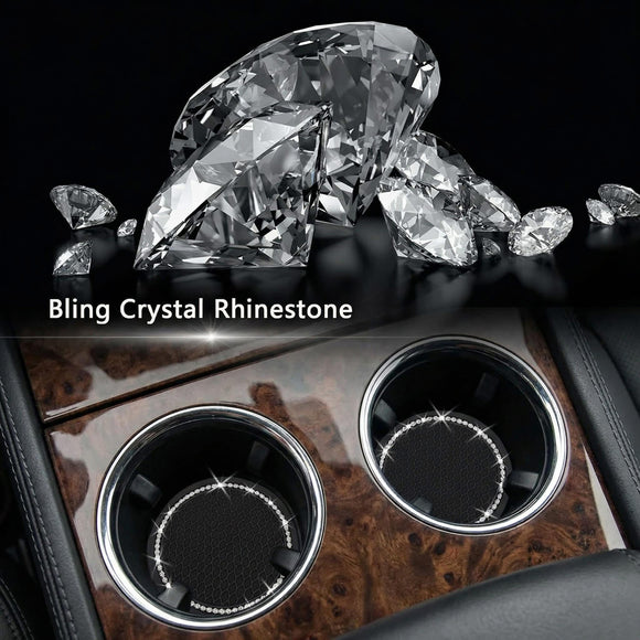 2PCS Bling Car Cup Coaster 2.75 Inch Auto Cup Holder Insert Coasters Silicone Anti-Slip Crystal Rhinestone Drink Mat Universal Vehicle Interior Accessories for Women Girls (Black)