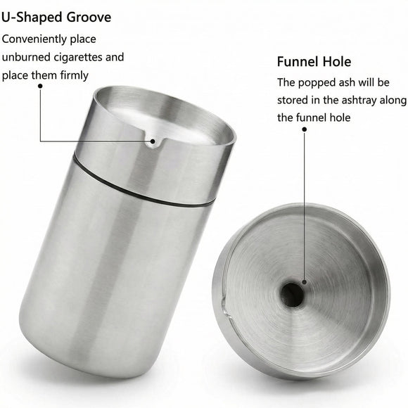 Stainless Steel Auto Ashtrays with Lid Car Ashtray Smell Proof Portable Smokeless Detachable Windproof Extinguished Butt Bucket Ash Tray for Car Cup Holder (Silver)