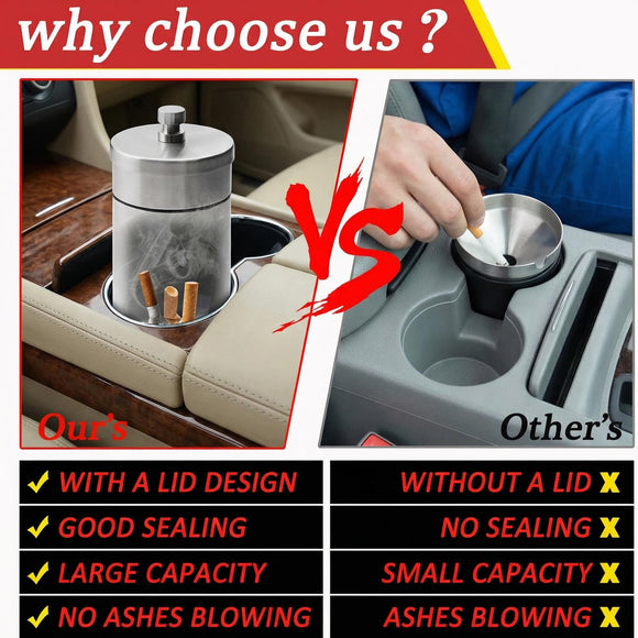 Stainless Steel Auto Ashtrays with Lid Car Ashtray Smell Proof Portable Smokeless Detachable Windproof Extinguished Butt Bucket Ash Tray for Car Cup Holder (Silver)