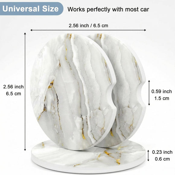 Car Coaster for Cup Holders 2 Pack Absorbent Ceramic Car Cup Holder Coaster for Drinks Cute Auto Assecories for Women Universal Size 2.56 in with Finger Notch & Cork Base White Marble