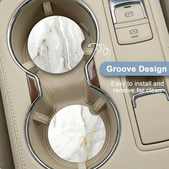 Car Coaster for Cup Holders 2 Pack Absorbent Ceramic Car Cup Holder Coaster for Drinks Cute Auto Assecories for Women Universal Size 2.56 in with Finger Notch & Cork Base White Marble