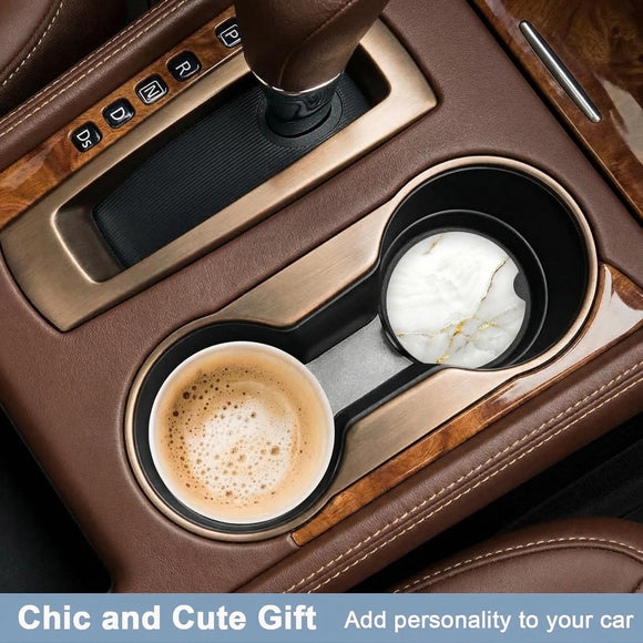Car Coaster for Cup Holders 2 Pack Absorbent Ceramic Car Cup Holder Coaster for Drinks Cute Auto Assecories for Women Universal Size 2.56 in with Finger Notch & Cork Base White Marble