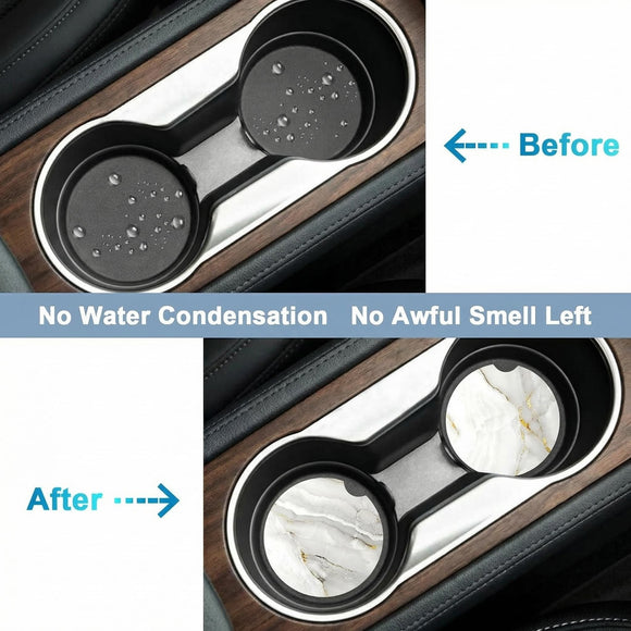 Car Coaster for Cup Holders 2 Pack Absorbent Ceramic Car Cup Holder Coaster for Drinks Cute Auto Assecories for Women Universal Size 2.56 in with Finger Notch & Cork Base White Marble