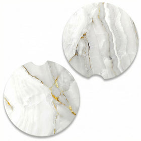 Car Coaster for Cup Holders 2 Pack Absorbent Ceramic Car Cup Holder Coaster for Drinks Cute Auto Assecories for Women Universal Size 2.56 in with Finger Notch & Cork Base White Marble