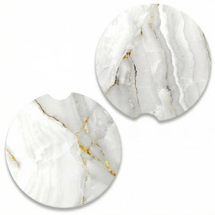 Car Coaster for Cup Holders 2 Pack Absorbent Ceramic Car Cup Holder Coaster for Drinks Cute Auto Assecories for Women Universal Size 2.56 in with Finger Notch & Cork Base White Marble