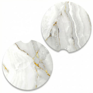 Car Coaster for Cup Holders 2 Pack Absorbent Ceramic Car Cup Holder Coaster for Drinks Cute Auto Assecories for Women Universal Size 2.56 in with Finger Notch & Cork Base White Marble