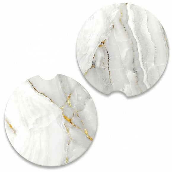 Car Coaster for Cup Holders 2 Pack Absorbent Ceramic Car Cup Holder Coaster for Drinks Cute Auto Assecories for Women Universal Size 2.56 in with Finger Notch & Cork Base White Marble