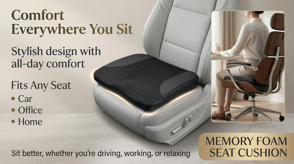 Car Seat Cushion Memory Foam Pad for Driving Comfort Boosts Height and Relieves Coccyx & Lower Back Pain Car Truck Office Chair (Black)