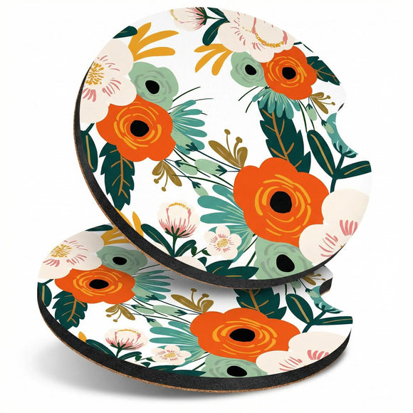 Car Cup Holder Coasters 2 Pack Universal Auto Anti Slip Insert Coaster with A Finger Notch Cute Car Assecories for Women Men Cup Mat for Most Interior White Flower