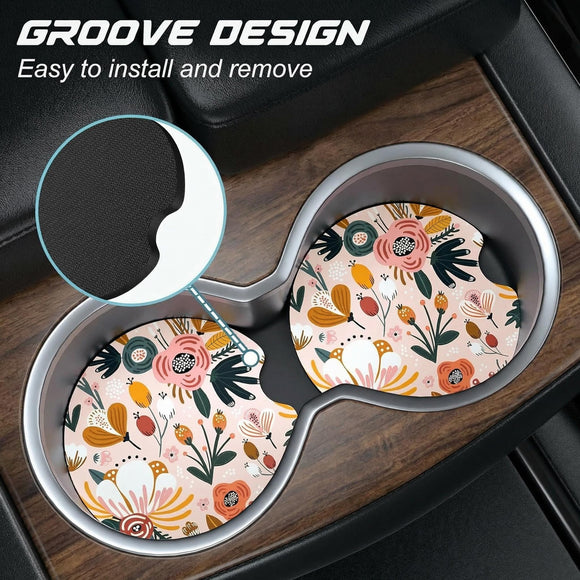 Car Cup Holder Coasters 2 Pack Universal Auto Anti Slip Insert Coaster with A Finger Notch Cute Car Assecories for Women Men Cup Mat for Most Interior Pink Flower