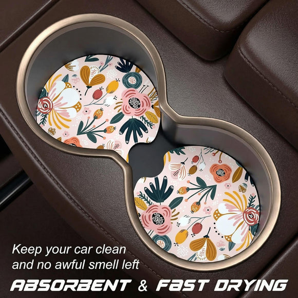 Car Cup Holder Coasters 2 Pack Universal Auto Anti Slip Insert Coaster with A Finger Notch Cute Car Assecories for Women Men Cup Mat for Most Interior Pink Flower