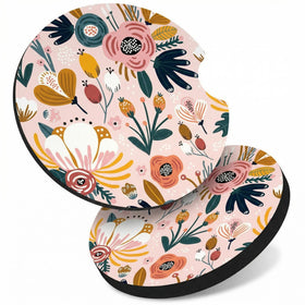 Car Cup Holder Coasters 2 Pack Universal Auto Anti Slip Insert Coaster with A Finger Notch Cute Car Assecories for Women Men Cup Mat for Most Interior Pink Flower