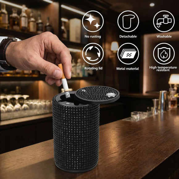 Car Ashtray with Lid Smell Proof Aluminum Crystal Diamond Cigarette Smokeless Automotive Ashtray Cup Holder Detachable Easy Clean Ash Tray for Car Women Home Office Black