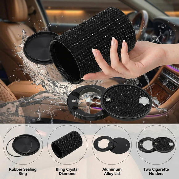 Car Ashtray with Lid Smell Proof Aluminum Crystal Diamond Cigarette Smokeless Automotive Ashtray Cup Holder Detachable Easy Clean Ash Tray for Car Women Home Office Black