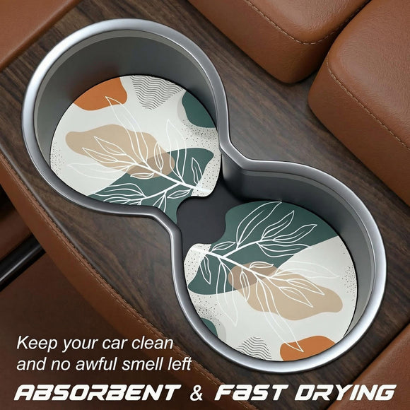 Car Cup Holder Coasters 2 Pack Universal Auto Anti Slip Insert Coaster with A Finger Notch Cute Car Assecories for Women Men Cup Mat for Most Interior Abstract Boho Leaves