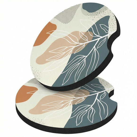 Car Cup Holder Coasters 2 Pack Universal Auto Anti Slip Insert Coaster with A Finger Notch Cute Car Assecories for Women Men Cup Mat for Most Interior Abstract Boho Leaves