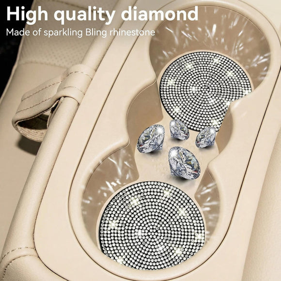 Bling Cup Holder Coasters for Car 2PCS Universal Non-Slip Cup Holder Embedded Decorative Coasters Shiny Crystal Car Interior Accessories Gifts for Women (White)