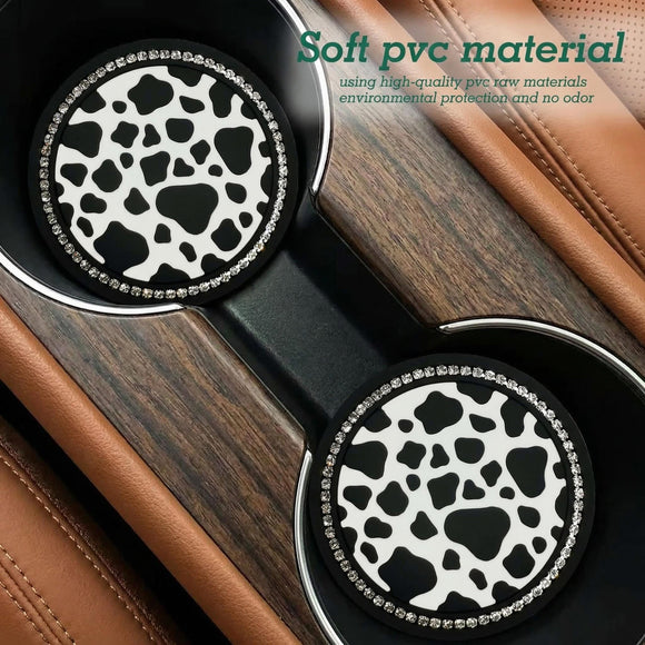 2PCS Bling Cow Print Car Accessories for Women Universal Auto Cute Anti Slip Cup Holder Insert Coaster