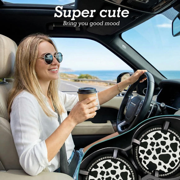 2PCS Bling Cow Print Car Accessories for Women Universal Auto Cute Anti Slip Cup Holder Insert Coaster