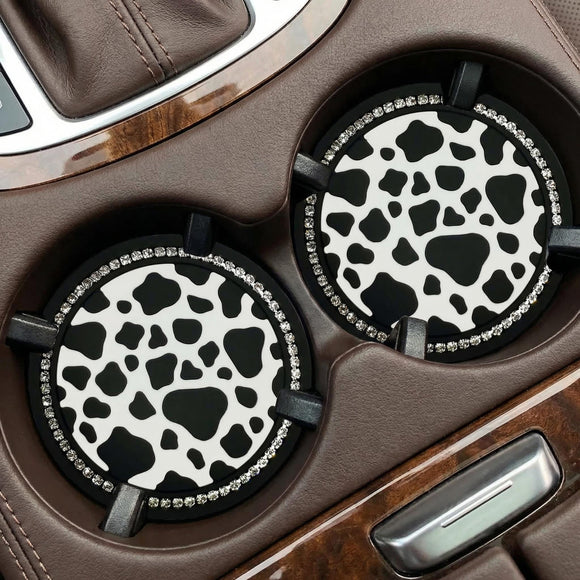 2PCS Bling Cow Print Car Accessories for Women Universal Auto Cute Anti Slip Cup Holder Insert Coaster